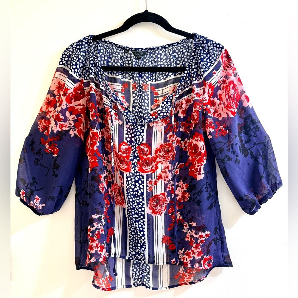 Guess Los Angeles Boho floral print semi-sheer blouse Size S